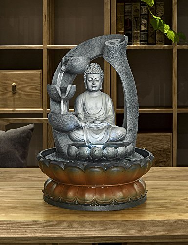 Sitting Buddha Fountain 11", LED Indoor Table Waterfall Fountain Fengshui Meditation Relaxing Decor for Home Office Gray