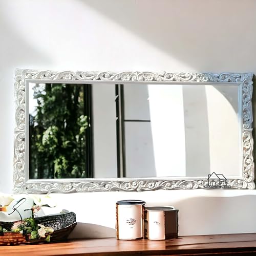 AESTHETIC DECOR 4x2.5 Wooden Carved Wall Mirror Frame Solid Wood, | with Out Mirror | Flower (Deco white,