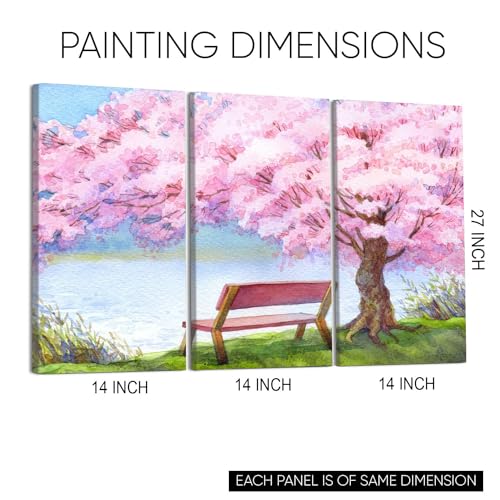 GADGETS WRAP Canvas Gallery Wrap Framed for Home Office Studio Living Room Decoration (3Part, 14x27inch Each) - Bench Under A Cherry Blossom