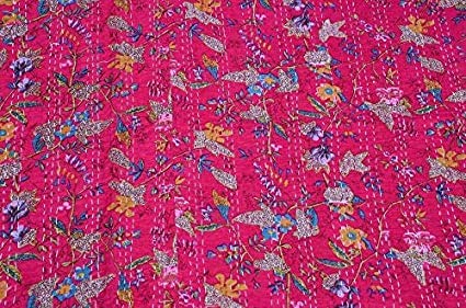 Textile art Kantha Flower Line Designed Dohar Cotton Quilt, Jaipuri Hand Block Print Cotton Kantha Quilt Double Bed (Persian Red) Twin Size Kantha Quilt