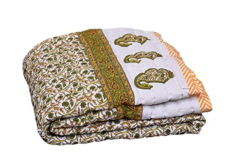 SIBLEY 400 TC Jaipuri Light Weight Pure Cotton Traditional Rajasthani Print Color Yellow Buta Quilt/Razai/Rajai (Single Bed - Set of 1)