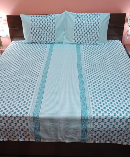 CHHAP Home Collection Hand Block Printed King Size Cotton Bedsheet(108"*100) with Two Pillow Cover,Blue Horizon Buties in Blue and White Colour