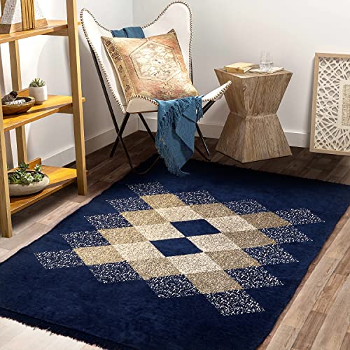 VAS COLLECTIONS Premium Chenille Carpet | 500 GSM Velvet Carpet/Area Rug/Durries with Fine Gold Yarn for Living Room, Bedroom, Runner| Blue, 150x210 cm or 5x7 ft