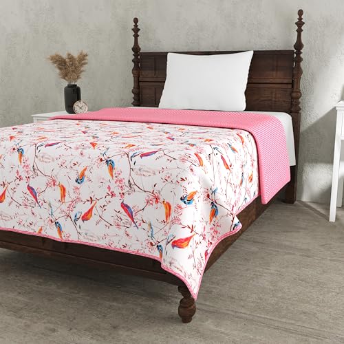 BED-SHEET.COM 150 GSM 100% Mulmul Parakeets Single Bed Reversible Blanket/Duvet/Quilt/AC Dohar(90" X 60"), Pink