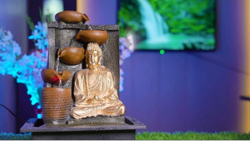 SOUL CREATIONS 4 Steps Attractive Brown Golden Diya Buddha Water Fountain with LED Light (Polyresin)- LxBxH-(30x22x40)cm