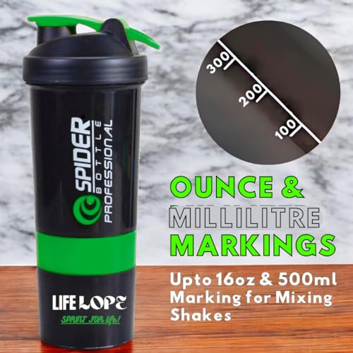 LIFELOPE Spider Gym Shaker Bottle, Shakers for Protein Shake with 2 Storage Compartment Gym protein shaker for workout (High Density Polyethylene, Pack of 1) (Green & Black)