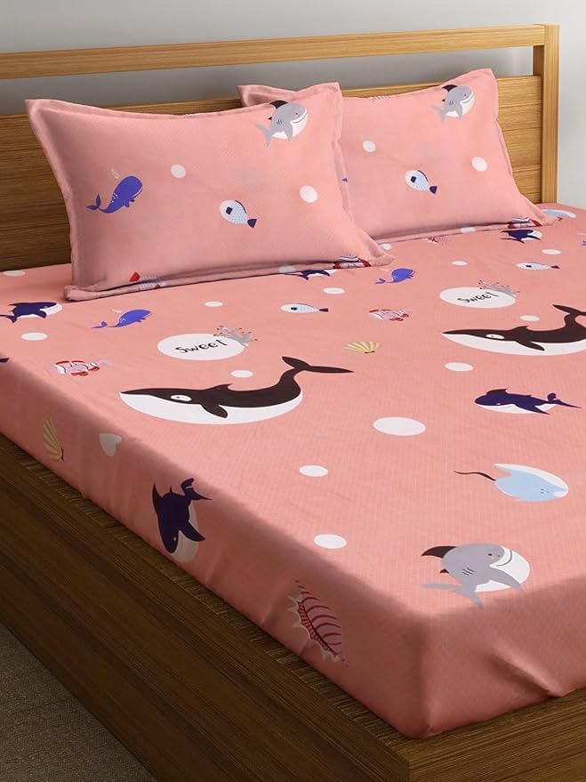 LEVINLY Kids Sahrk Print Pink Wrinkle Resistant | Skin Friendly | Cartoon Print Fitted Double Bedsheet with 2 Pillow Cover for Kids|| Size 72x72x8 inch|| Microfibre||Cotton Feel ||