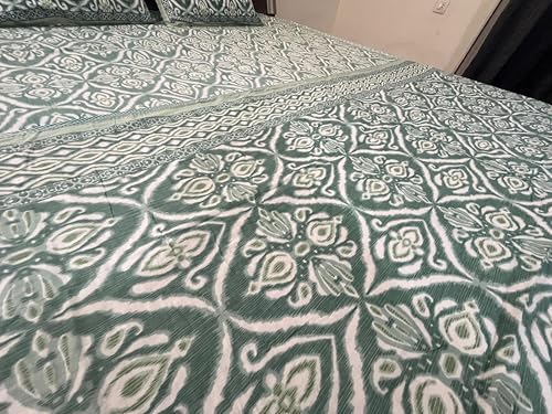 Printed Cotton Double Bed Dohar, Green and White Pattern