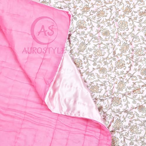 Indiafab Textiles 400 TC Jaipuri Razai Rajasthani Traditional Silk Fabric Filling Pure Cotton lightweight Rajai Quilt Bedding Jaipuri Blanket (Pink Floral, Double Bed 85 X 100, Pack of 1) (Double Bed)