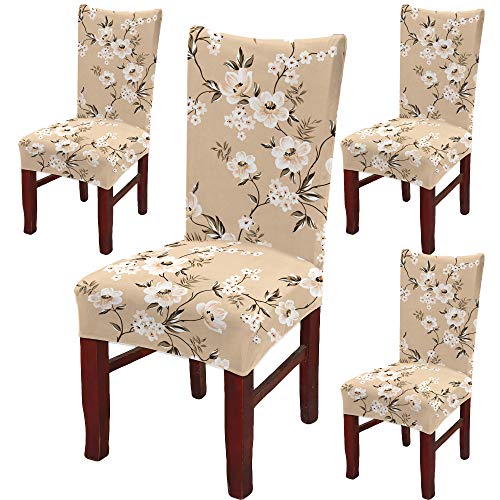 BRIDA Polyester Blend Stretchable Floral Printed Dining Chair Covers (Set of 4, Beige, Standard)
