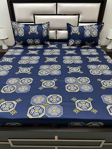 Pure Decor 100% Pure Cotton Velar SIB Collection King Size Procian Print Bedsheet for Double Bed (108"X108") with 2 Pillow Covers PD 4272 - Ethnic, Blue