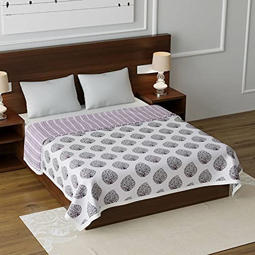 Comfowell Home Linen Double Bed Reversible Cotton Flower Printed Design A/C Quilt/Dohar/Blanket (Pink-White Design)