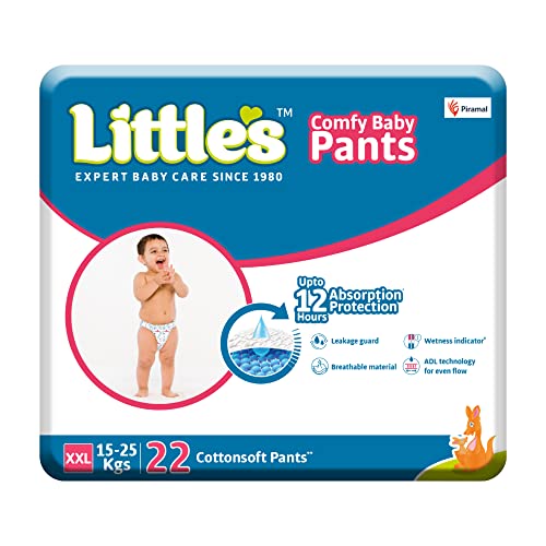 Little's Baby Pants Diapers, XX-Large (XXL), 22 Count, 15-25 kg,White, with Wetness Indicator & 12 Hours Absorption