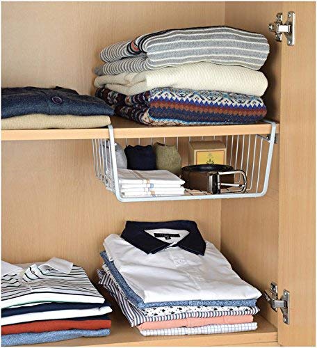 Go Hooked Multipurpose Under Shelf Basket/Coated Iron Under Cabinet Storage Organizer Rack Shelf/Under shelf Organizer Rack For Kitchen, Bedroom (Combo, Pack of 3) (1 Pc - 12" & 2 Pcs - 16") (Silver)