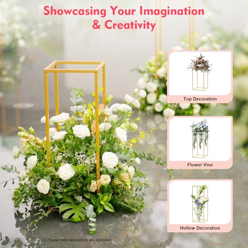 BJTDLLX 4 Pcs Gold Wedding Flower Stand, Metal Vase Column Stand Geometric Centerpiece Vase Detachable Wedding Flower Vase Holders for Wedding Party Event Decoration (Set of 4)