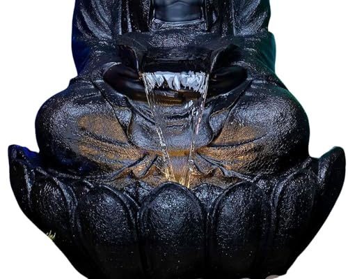 SEPBORN Buddha Water Fountain with Flowing Stream, Resin, Black with LED Lights Water Pump