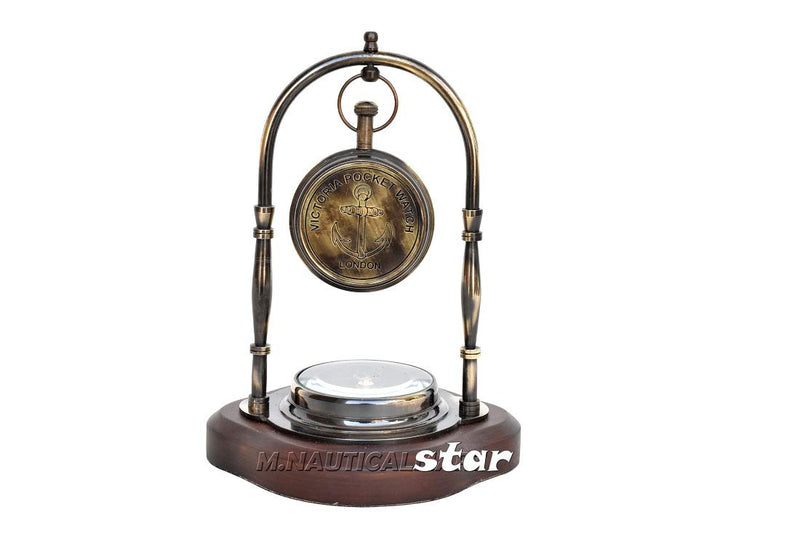 Brass Antique Desk Clock with Compass Working with Wooden Base Home Decor