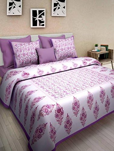 Pure Cotton Sanganeri Printed Jaipuri Bedsheet for Double Bed Queen Size with 2 Pillow Covers 260Thread Count (Purple White)