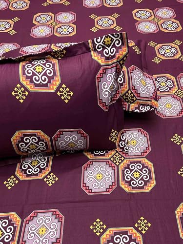 Pure Decor 100% Pure Cotton Velar SIB Collection King Size Procian Print Bedsheet for Double Bed (108"X108") with 2 Pillow Covers PD 4273 - Ethnic, Purple