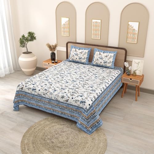 Dream Homme 144 TC Cotton Double Bedsheet with 2 Pillow Covers | Rajasthani Jaipuri Sanganeri Printed Sheet Cover for King Size Bed - 90×108 Inches (Blue Bird)