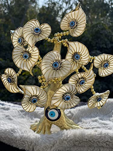 Blue Beads Golden Betel Leaves With Evil Eye Lucky Tree, Turkish Blue Evil Eyes Amulet Metal Table Centerpiece Ornament For Home Office Decor Protection Gift