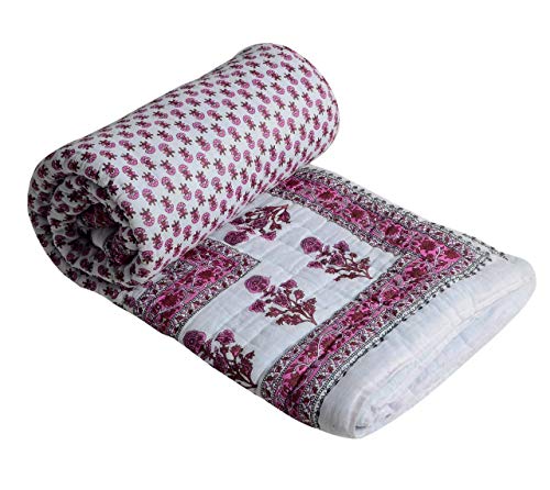 SVT Traditional Famous Jaipuri Beautiful Floral Print in White Pink Jaipuri Rajai/Razai/Quilt Single/Single Bed Quilt/Comforter/AC Quilt/AC Comforter