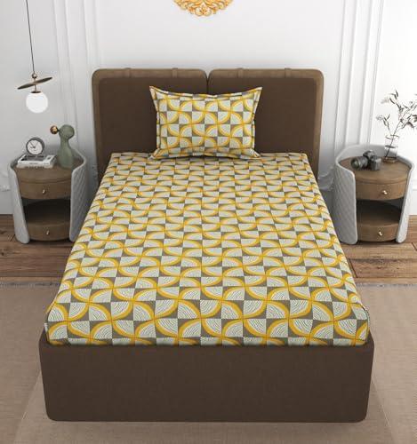 VOMZER 320 TC Elastic Fitted Bedsheets Single Bed with 1 Pillow Cover | Single Bed with All Around Elastic, Size 36 x 72 x 10 Inches Yellow Zigzag