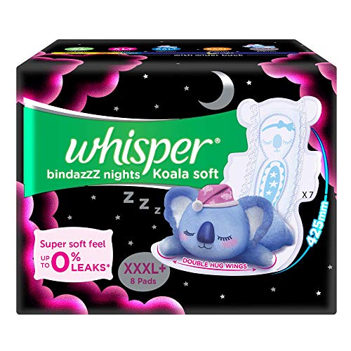 WHISPER BINDAZZZ NIGHTS KOALA SOFT SANITARY PADS, 8 XXXL+ PADS, UPTO 0% LEAKS, 85% LONGER & WIDER BACK, SUPER SOFT TOPSHEET, DOUBLE HUG WINGS, DISPOSABLE WRAPPER, for women