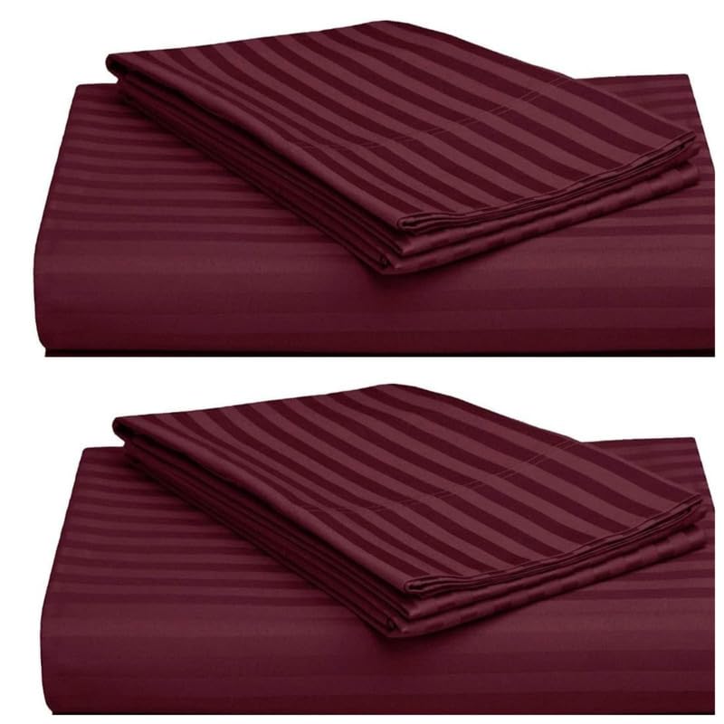 OROXO Luxury 150 TC Glace Cotton Plain Stripe Queen Size Double Bedsheet with 2 Pillow Cover for Home, Hotel, Guest Room (90 X 100) Inch Pack 1 (Wine)