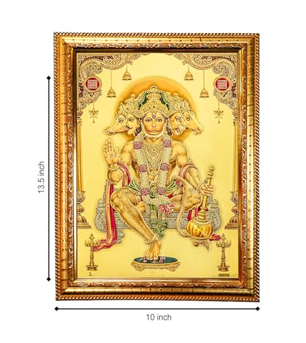 Hawai Gold Plated Panchmukhi Hanuman Bajrangbali Poster Wall Hanging Religious Photo Frame for Worship Use, 14x10 inch, SFDI00548GLDFRM