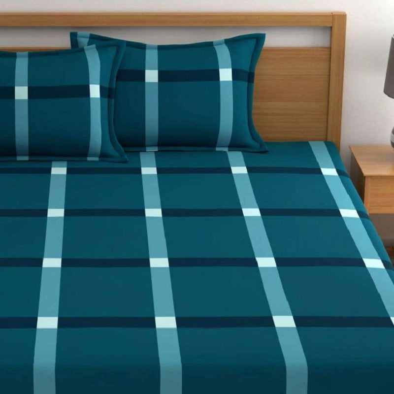 Premium Cotton All Around Elastic Fitted Double Bed Bedsheet (72” x 78”) with 2 Pillow Covers (16" x 26") (BS2 (B) Green Box)