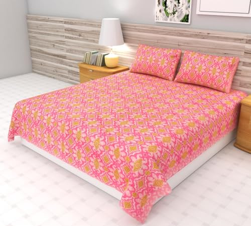 Shlokas Collective Ikkat Pure Cotton Handmade, Artisanal Kingsize Double Bedsheet, 2 Pillow Covers Free, Geometric Pattern (Pink & Sap Green)