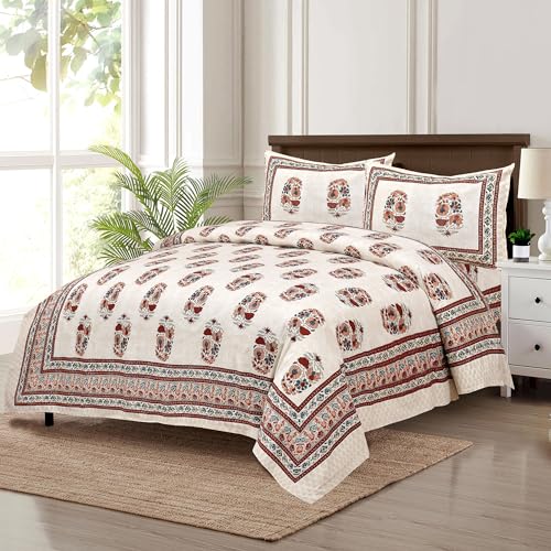 Kuber Industries Double Bedsheet with 2 Pillow Covers | 100x108 Inch | 160 TC Premium Cotton Bedsheet for Double Bed | Bedsheet for Living Room-Home & Hotels | Dezier Flower Boota | Cream