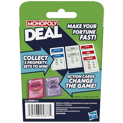 Monopoly Deal Card Game | Quick-Playing Card Game | Fun Games for Families and Kids | Ages 8 and Up | 2 to 5 Players | 15 Mins. | Travel Games