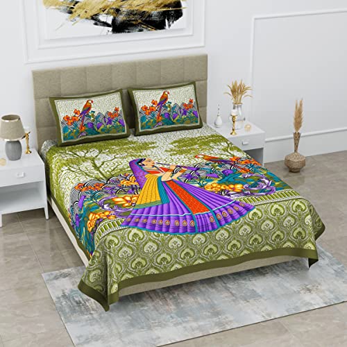 Loroco Cotton Double Bed Bedsheet Jaipuri Print -Green