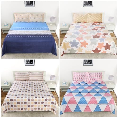 Nendle Polycotton 400TC Combo Set of 4 Super King Bedsheets 108 * 108 Inches with 8 Contrast Pillow Covers Multicolor