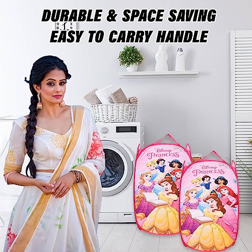 Kuber Industries Disney Princess Laundry Basket | Net Foldable Laundry | Nylon Storage Basket with Handle | Clothes Basket for Home | Toy Storage | Pink