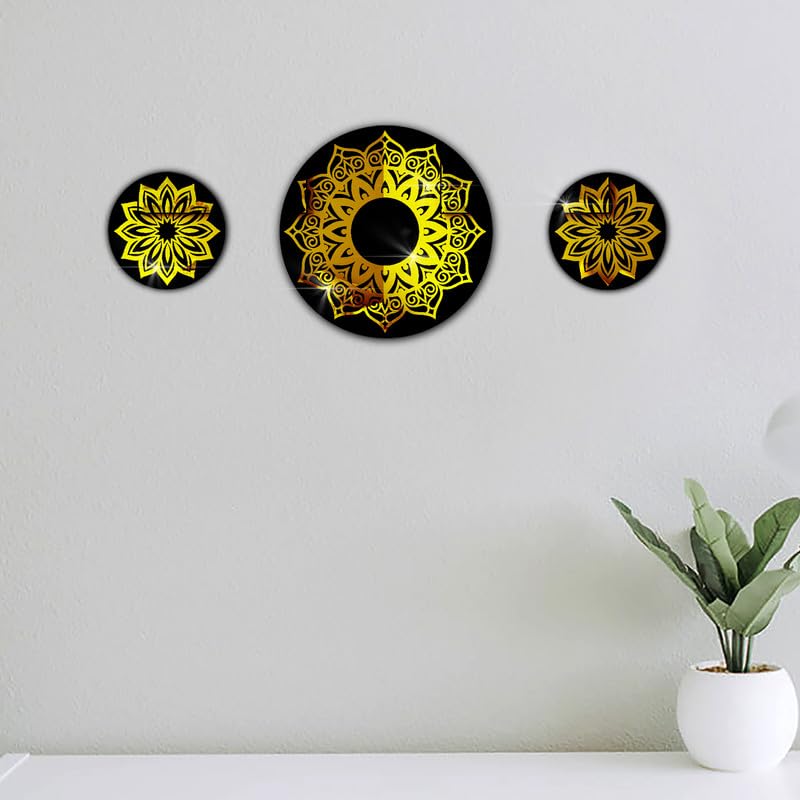 VAH- Kya Bat Hai !! Golden 3D Mandala Design Wooden Acrylic Mirror Wall Sticker for Home Decoration