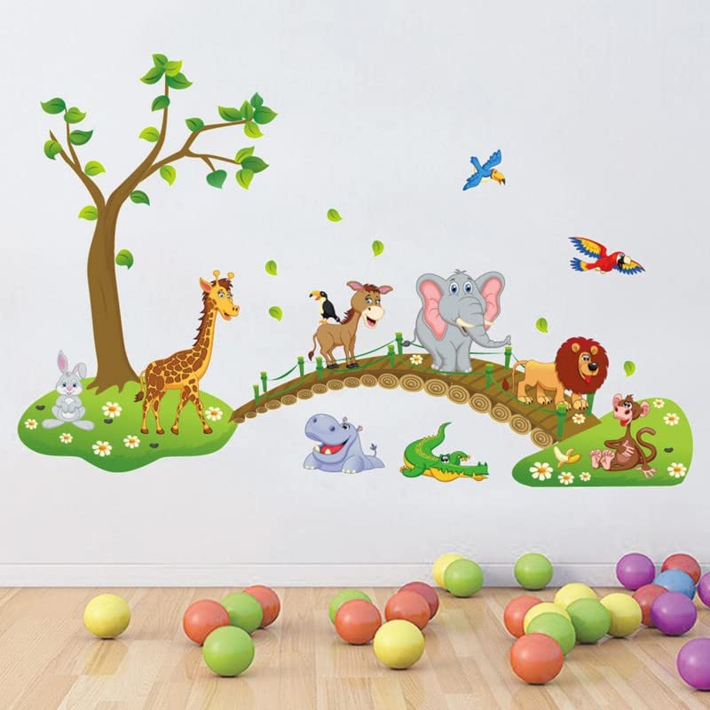 JAAMSO ROYALS Multicolour Jungle Animals Cartoon Design Home Décor Wall Sticker for Kids Room Playing Room Decor (60 CM X 90 CM)