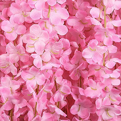 WELL ART GALLERY 6 Pack 3.75 Feet/Piece Artificial Fake Wisteria Vine Ratta Hanging Garland Silk Flowers String Home Party Wedding Decor (6PCS- Large Wisteria) (Pink, 12)