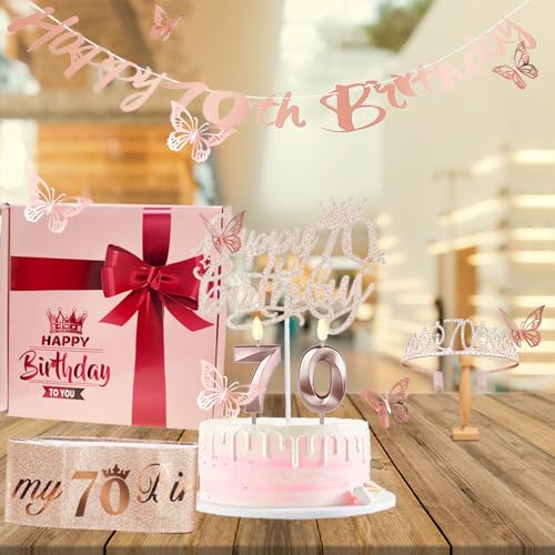 70th Birthday Decorations for Women Birthday Gifts Rose Gold 70th Birthday Sash, Tiara, Cake Topper, Number 70th Candles, Happy 70th Birthday Banner, 3D Butterfly 12pcs, Birthday Supplies