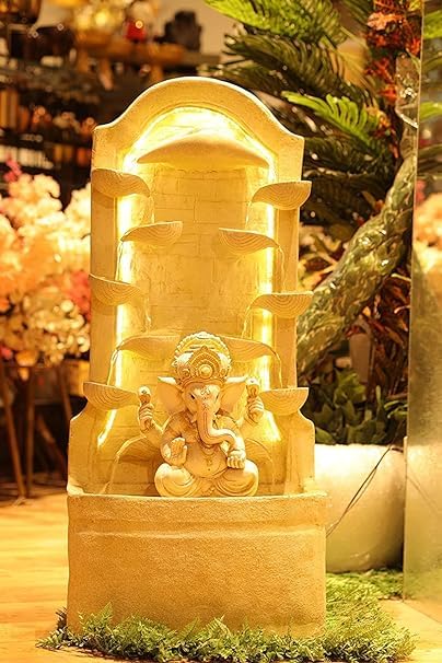 Shawshank Resin, Fiberglass Water Fountain 44 Inch Long Diya Ganesh Fiber Water Fountain for Living Room Home Decor Garden Patio Deck Porch with Led Lights Water Pump