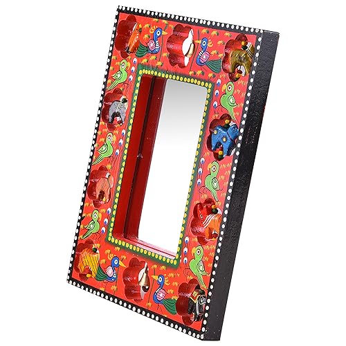 diyas DECORATIVES, Wooden Handicraft and Handpainted Wall Mirror Red