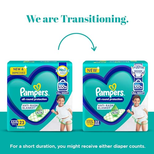 Pampers All round Protection Pants Style Baby Diapers, XXX-Large (XXXL) Size, 22 Count, Anti Rash Blanket, Lotion with Aloe Vera, 17+ kgs Diapers