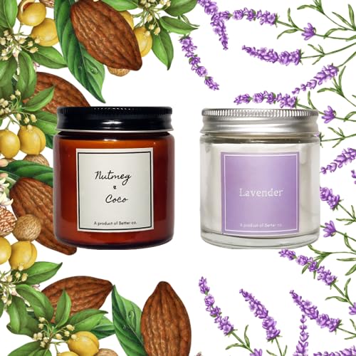 Better co Scented Soy Wax Amber Jar Candle Organic Luxury Aroma Burning Time Upto 20 Hours. Combo Pack of Lavender and Nutmeg + Coco.