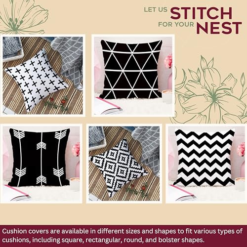 STITCHNEST Geometric Black and White Printed Poly Cotton Square Cushion Cover, 16x16 Inches, Set of 5