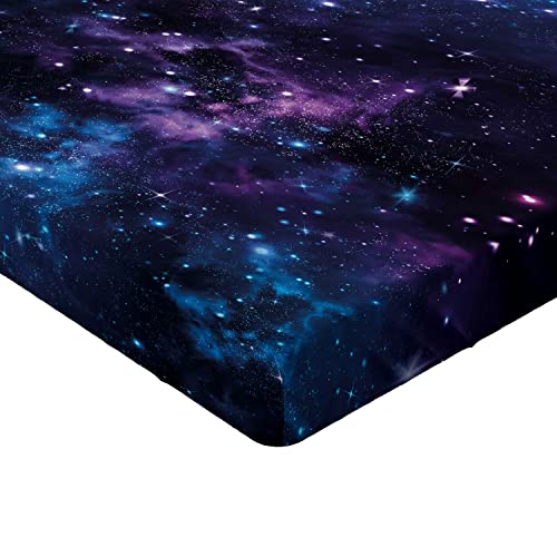 Ambesonne Space Fitted Sheet Set, Sky Star Clusters Cosmos Nebula Celestial Scenery Art, Bed Cover with All-Round Elastic Deep Pocket 2 Pcs, Twin Size, Dark Purple and Blue