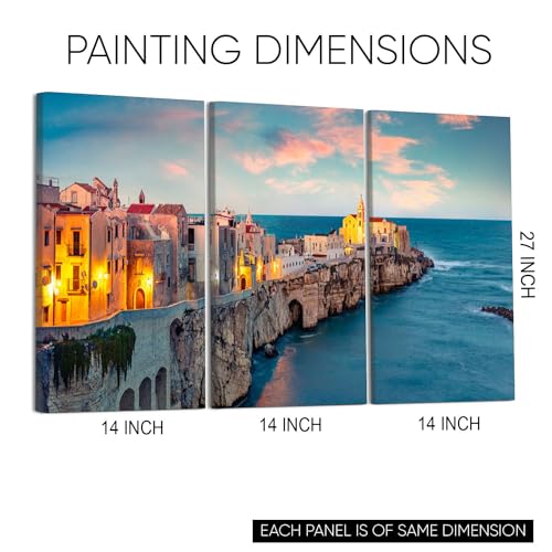 GADGETS WRAP Canvas Gallery Wrap Framed for Home Office Studio Living Room Decoration (3Part, 14x27inch Each) - Coastal Vieste Town & Cloudy Sky