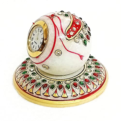 Handicraft Kingdom White Marble Table Clock | Ethnic Design Gold Painted Handmade Round Beautiful Meenakari Work Plate Watch with Ganesh Chowki| Approx Size (4 x 4 Inch) & Wt (600 Gm) Pack of 4