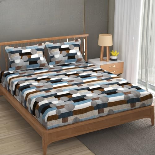 BLUEDOT King Size Elastic Fitted Bedsheet | Luxurious Cotton Bedsheet Set for Double beds | Modern Prints 78x72 Inch (Multiblocks)